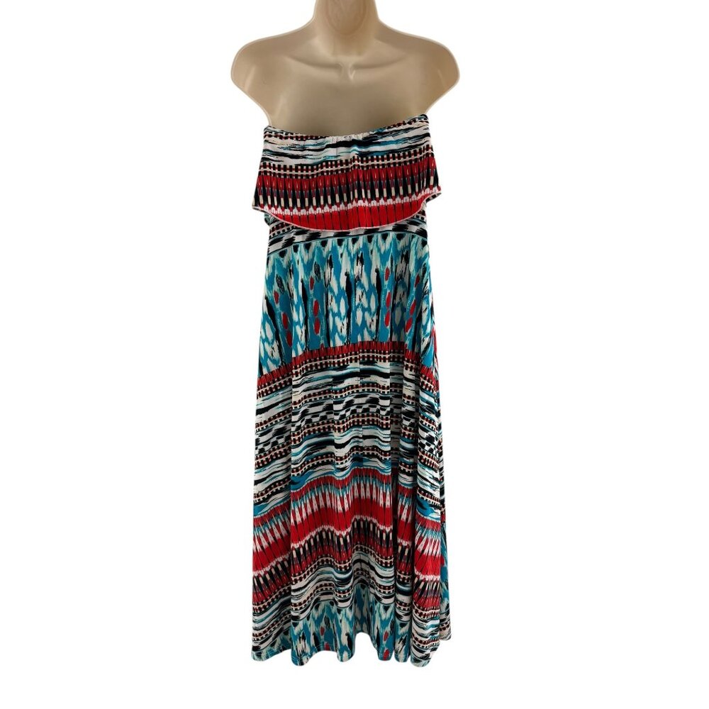 Red Teal Mixed Print Strapless Maxi Dress Size S M Summer Beach Wedding Party - Picture 5 of 9